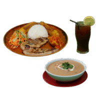 Crema de Mariscos y Cerdo a la Plancha